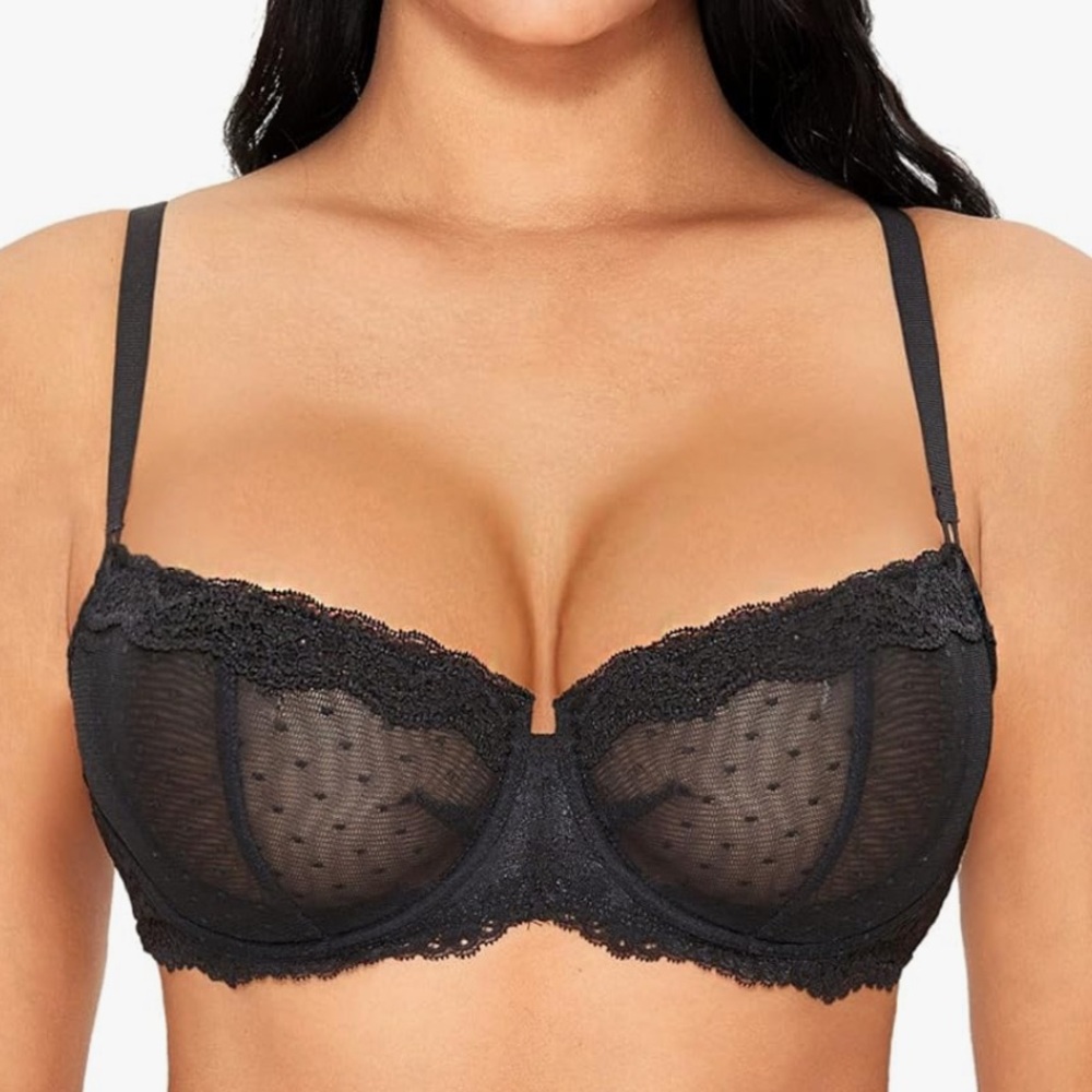 DOBREVA Women's Sexy Lace Bra Underwire Balconette Unlined Demi Sheer 32e